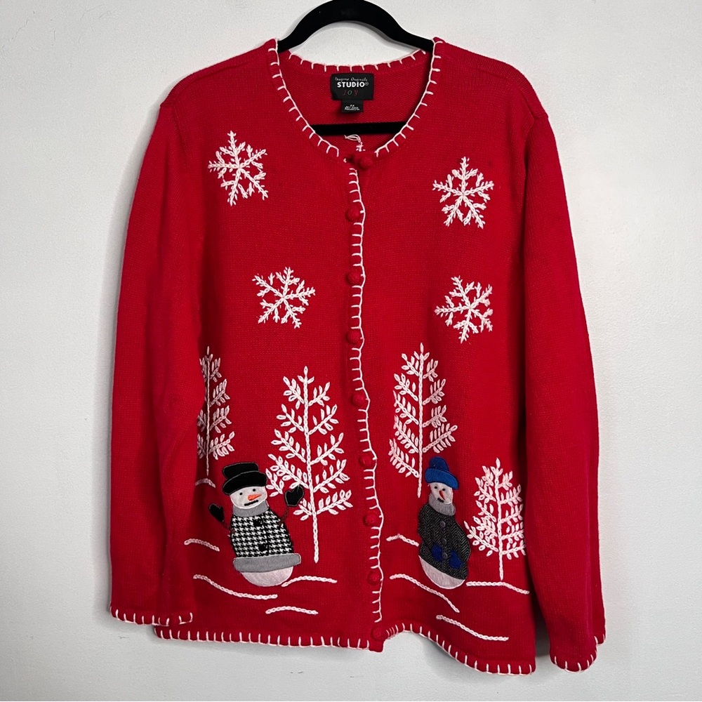 Design Originals Studio Joy Christmas Cardigan Snowman Snowflakes Women's 2X